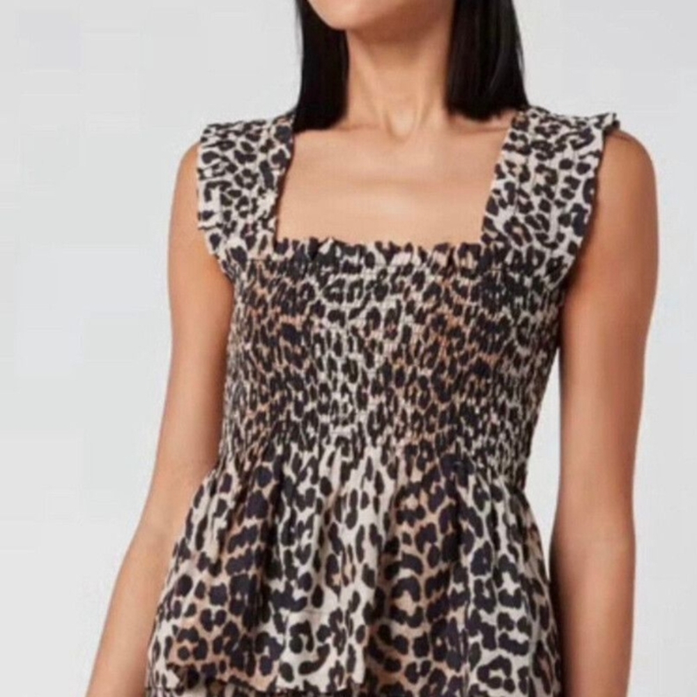 GANNI Leopard Print Smocked Square Neck Crop Top Sz 38 US 6